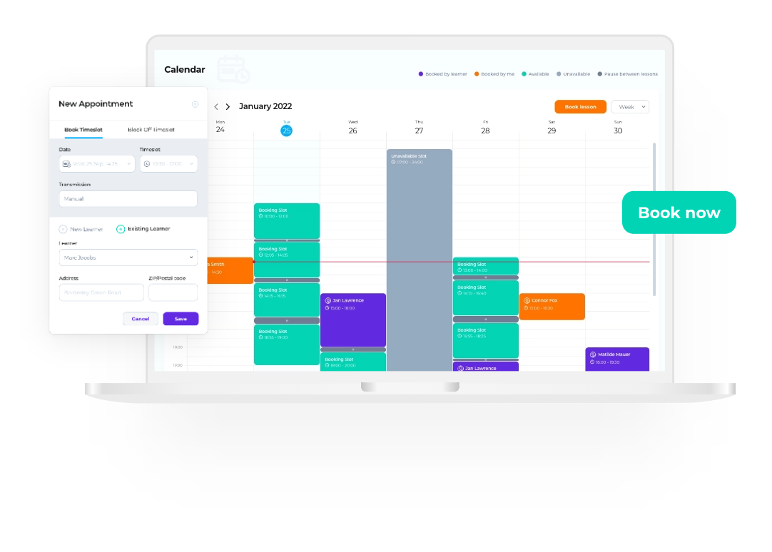 Book, reschedule or cancel lessons from your instructor’s calendar