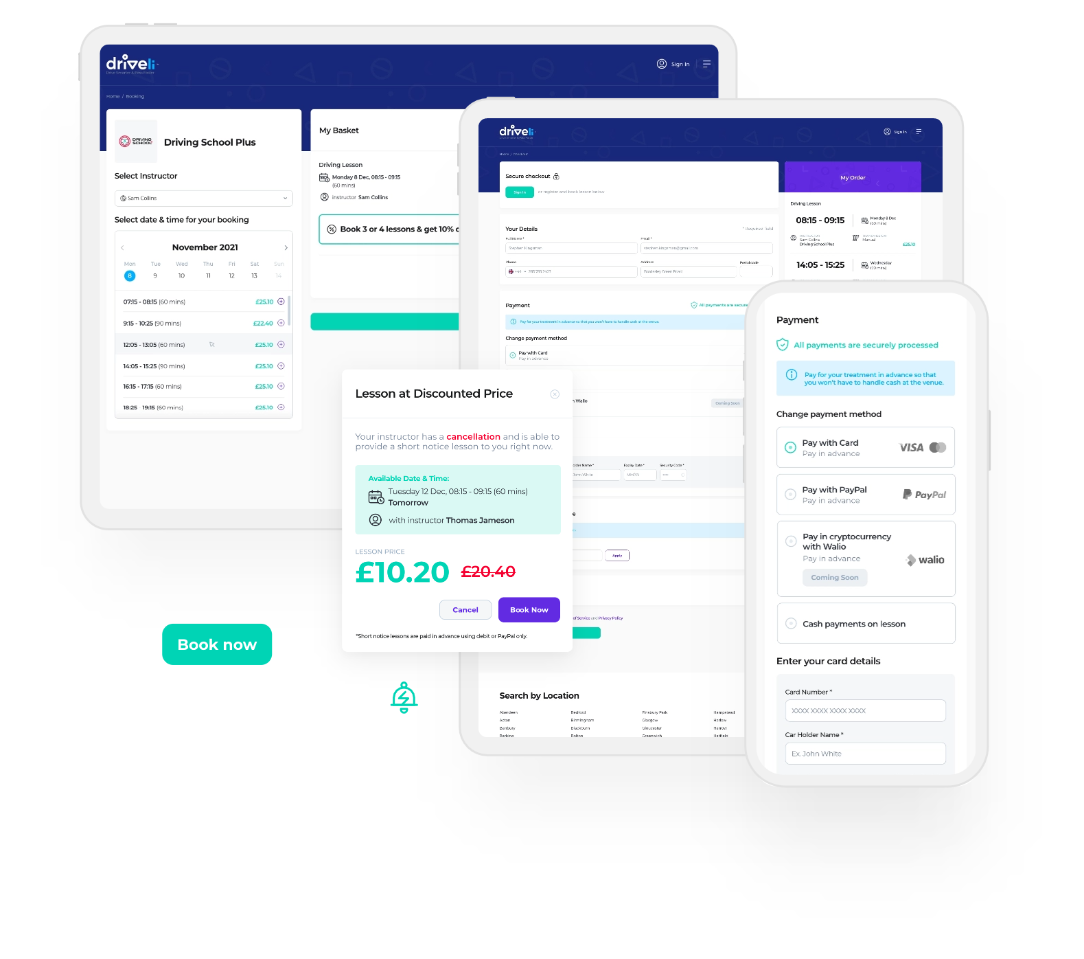 Book a lesson and pay by cash, card, PayPal or crypto